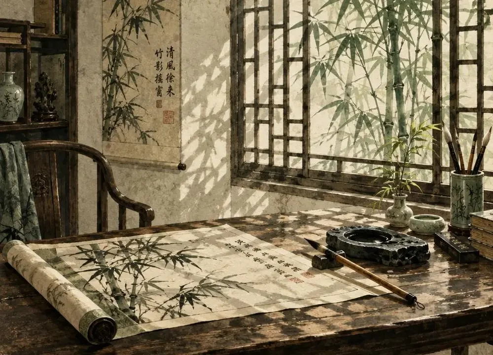 芒果短剧书房意象 - 水墨竹林与书卷